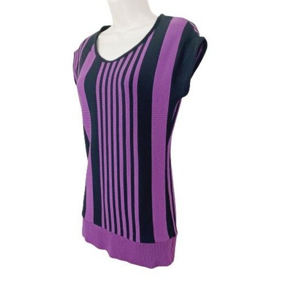 AB Studio Top Womens Large Black-Purple Sleeveless Knit Blouse Striped Crew Neck - Picture 3 of 11